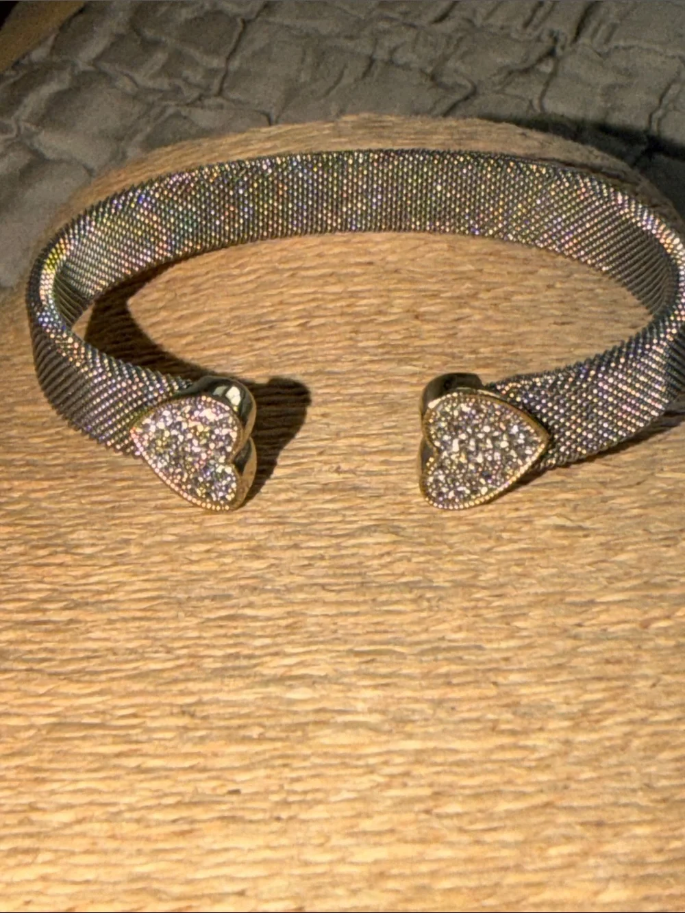 Bracelet two hearts with pave crystals silver mesh finish cuff style